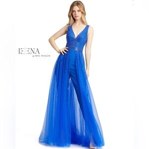 Blue Beaded & Stoned Jumpsuit with Overskirt by Mac Duggal